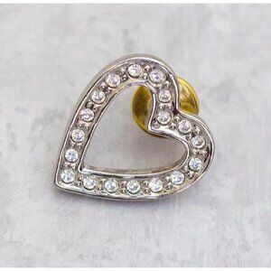 Vintage Silver Tone Love Heart Rhinestone Diamond Valentines Pin by Avon - C8